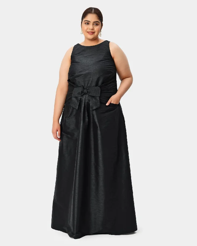 Bow tie pleat waist dupioni dress | Black