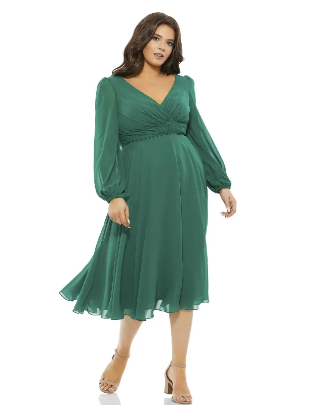 Chiffon Bishop Sleeve Dress Surplice Dress | Emerald Green