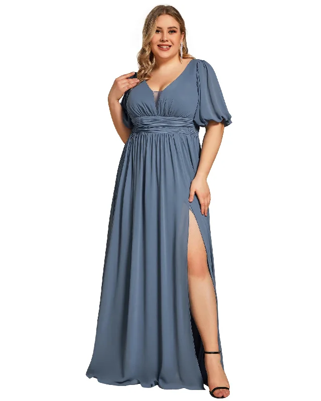 Chiffon Illusion V-Neck Flutter Sleeve Front Slit Evening Dress | Dusty Navy