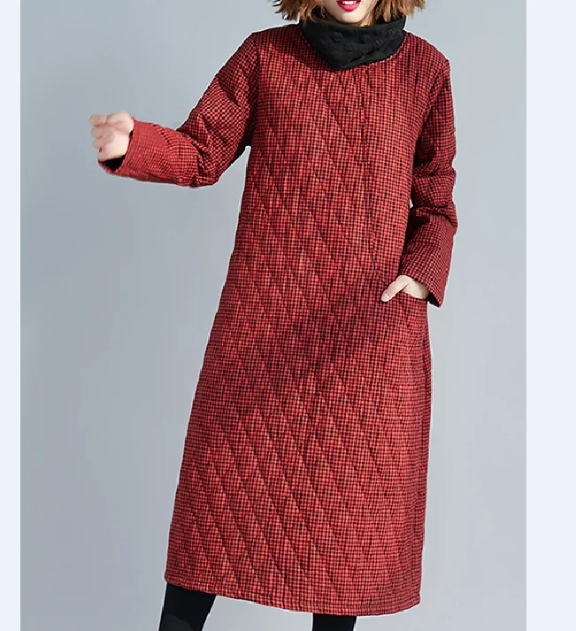 Red Winter Checked Dresses Loose Fall Dresses Casual Women Dresses SSM97213