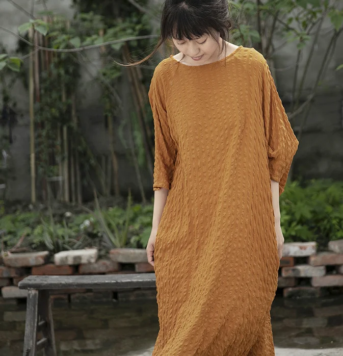 Wrinkled Cotton Silk Linen Women Dresses Casual Women Dresses Bat Sleeve SSM97215