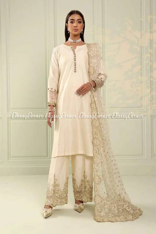 Cream White Golden Katan Readymade Suit