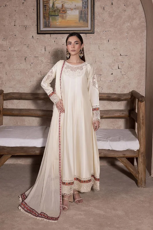 Cream White Katan Readymade Frock