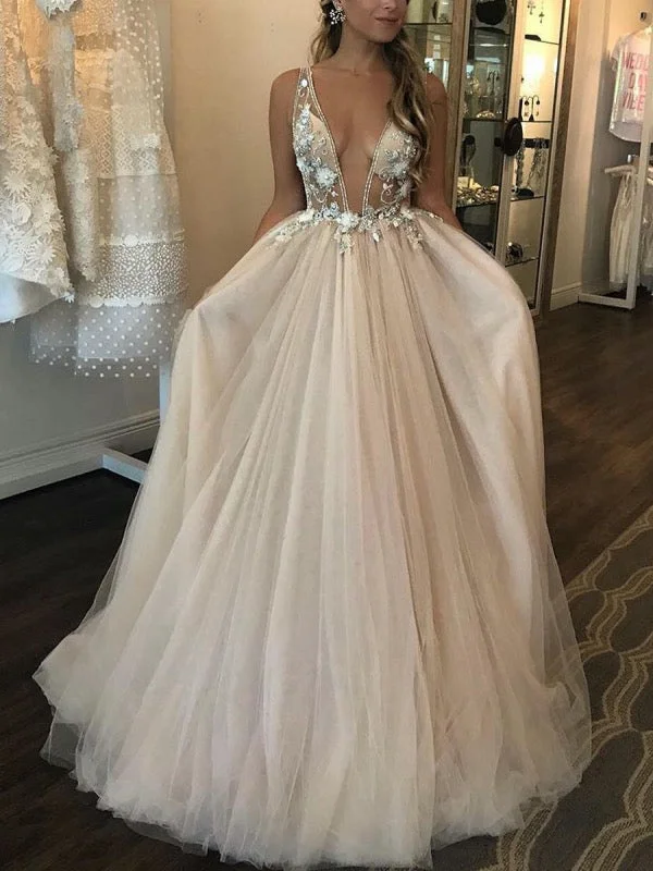 Deep V-neck Beaded Tulle Prom Dresses, Elegant Floral 2020 Newest Long Prom Dresses Midi floral dresses