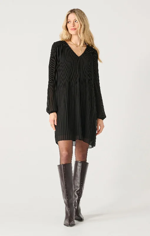 DEX LS PLEATED A-LINE DRESS IN BLACK