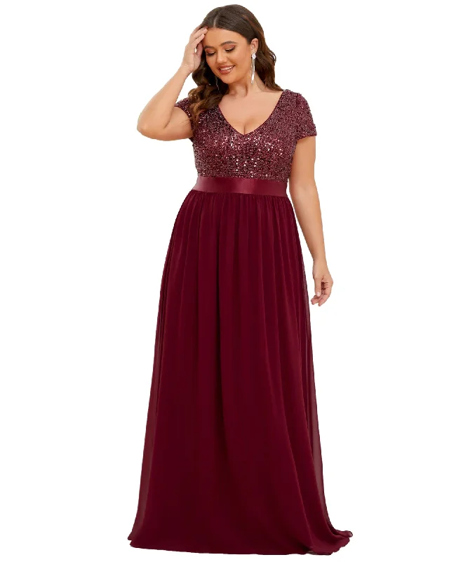 Empire Waist V-Neck Cap Sleeve Chiffon Evening Dress | Burgundy