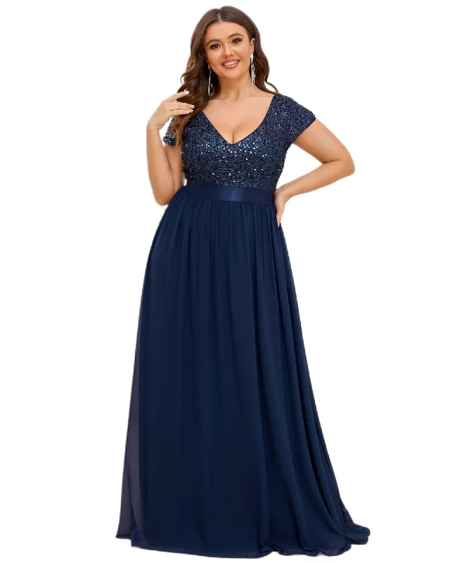 Empire Waist V-Neck Cap Sleeve Chiffon Evening Dress | Navy Blue