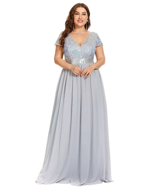 Empire Waist V-Neck Cap Sleeve Chiffon Evening Dress | Silver