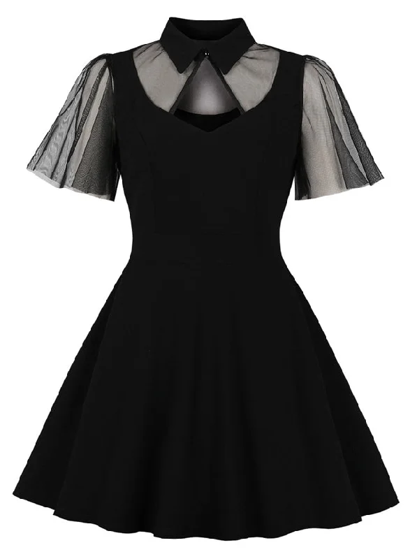 Gothic Cut-out Ruffle Sleeve Sheer Mesh Splicing Black Swing Dress