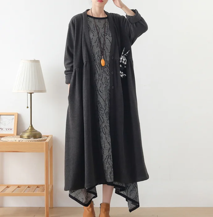 Gray V Neck Corduroy Buttons Dresses Loose Winter Autumn Dresses Casual Women Dresses ZRL97213