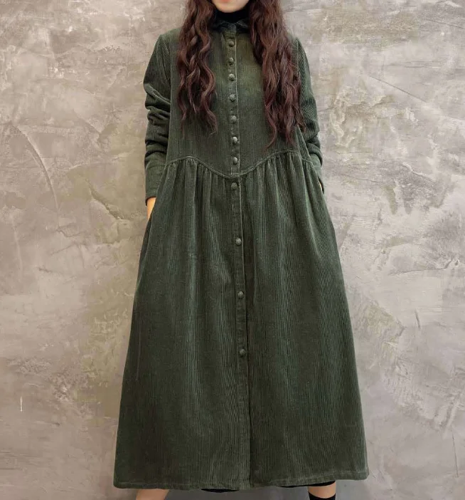 Green Buttons Dresses Loose Winter Autumn Dresses Casual Women Dresses ZRL97213