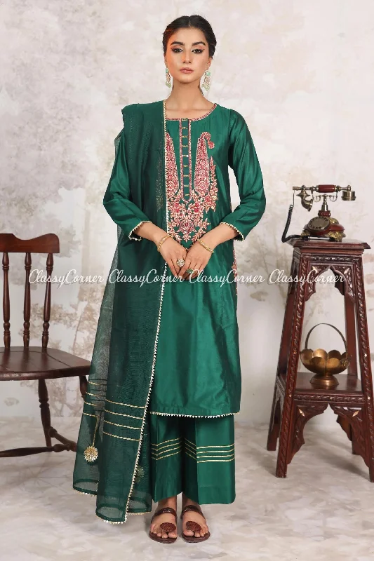 Green Pink Katan Embroidered 3pc Suit