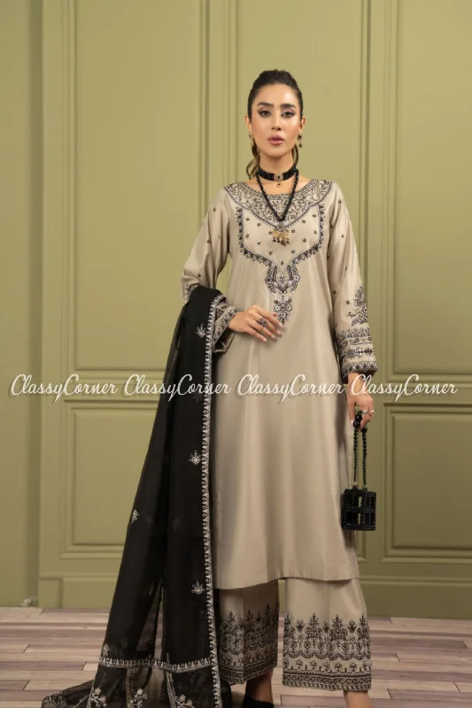 Grey Black Katan Embroidered Pakistani Readymade Outfit