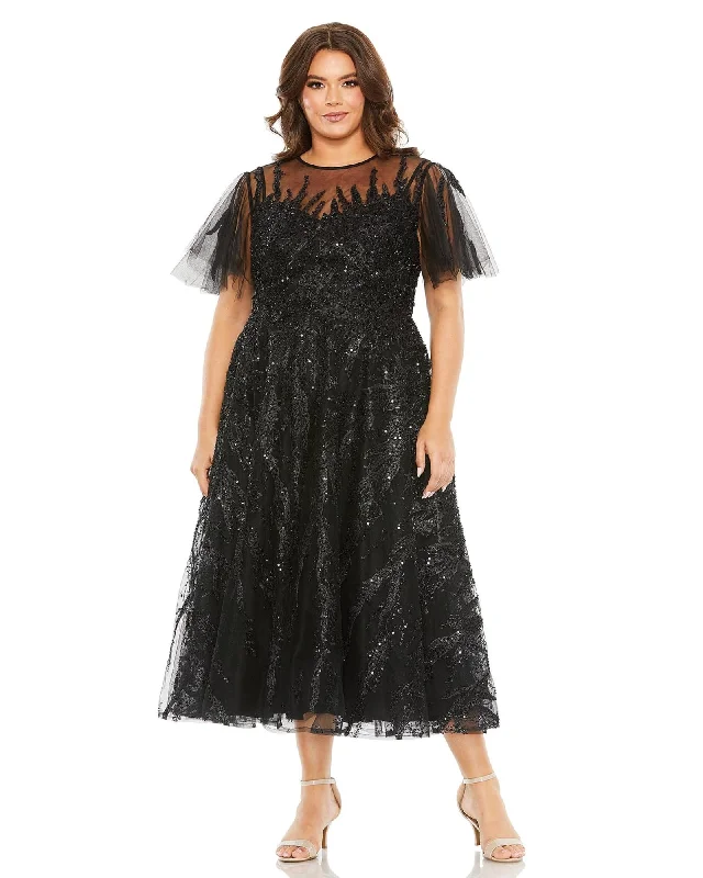 High Neck Flutter Sleeve A Line Embellished Dress | Black