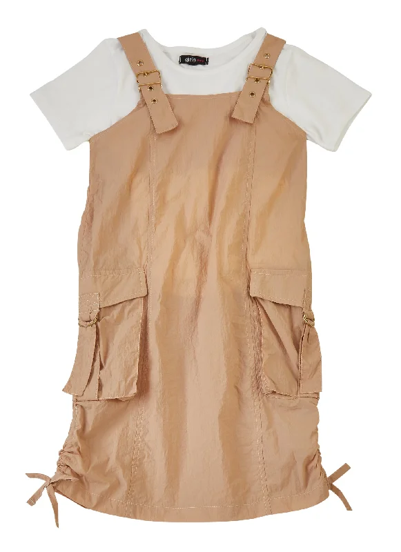 Girls Grommet Buckle Strap Cargo Dress with Tee