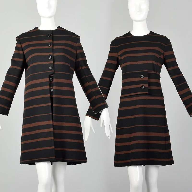 Large 1960s Wool Knit Two Piece Set Dress Jacket Cumberbund Ensemble Brown Black Horizontal Stripe