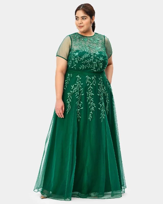 Leafy vine embroidery sheer mesh dress | Green