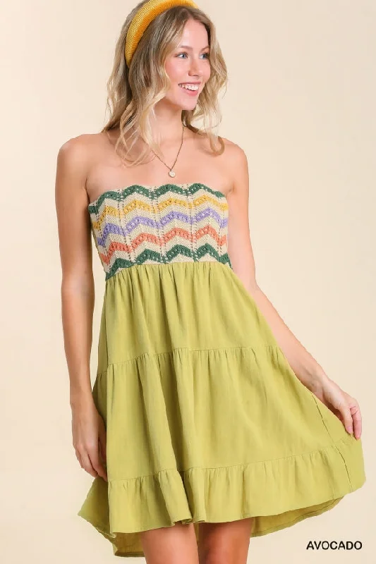 Linen Blend Strapless Tiered Dress with Crochet Overlay at Chest, & Smocked Back IN AVOCADO