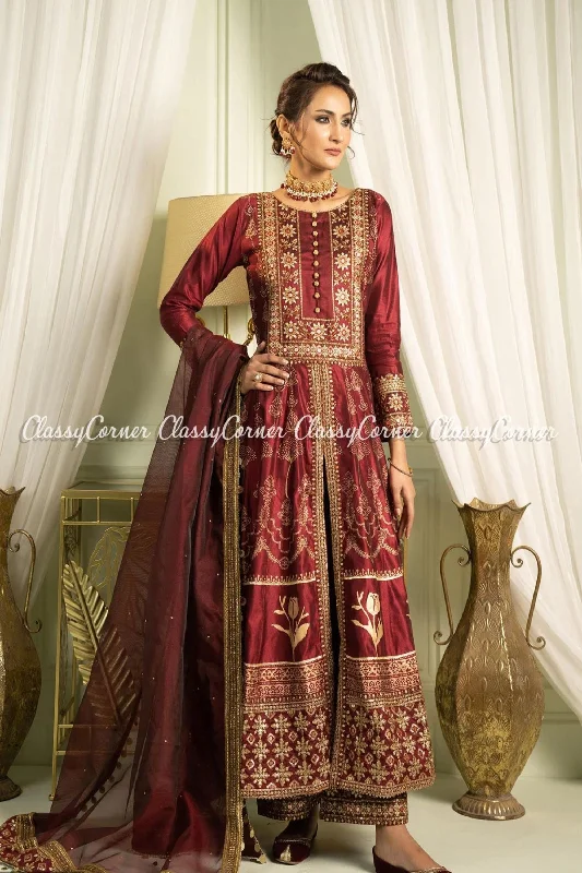 Maroon Katan Embroidered Readymade Suit