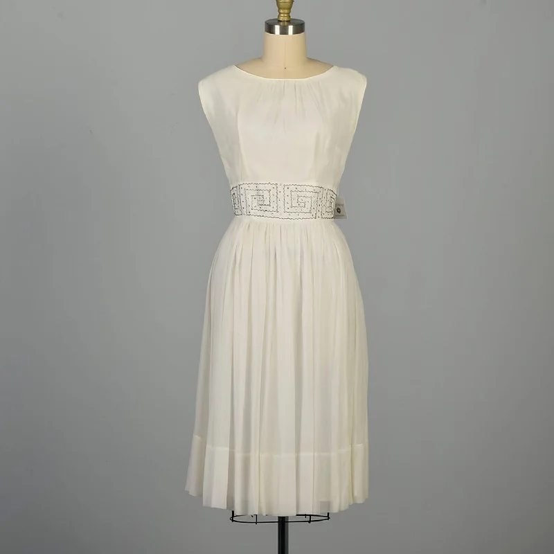 Medium 1960s White Silk Dress Rhinestone Waist Sleeveless