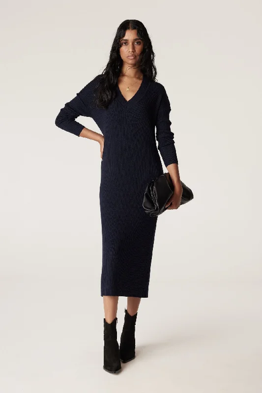 Merino V Rib Dress - Ink Navy