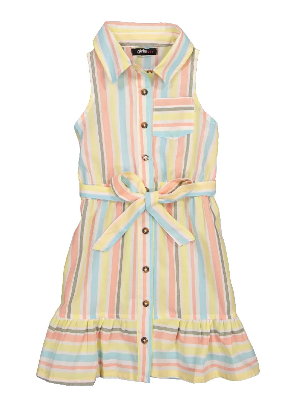 Little Girls Sleeveless Striped Tie Waist Belted Dress