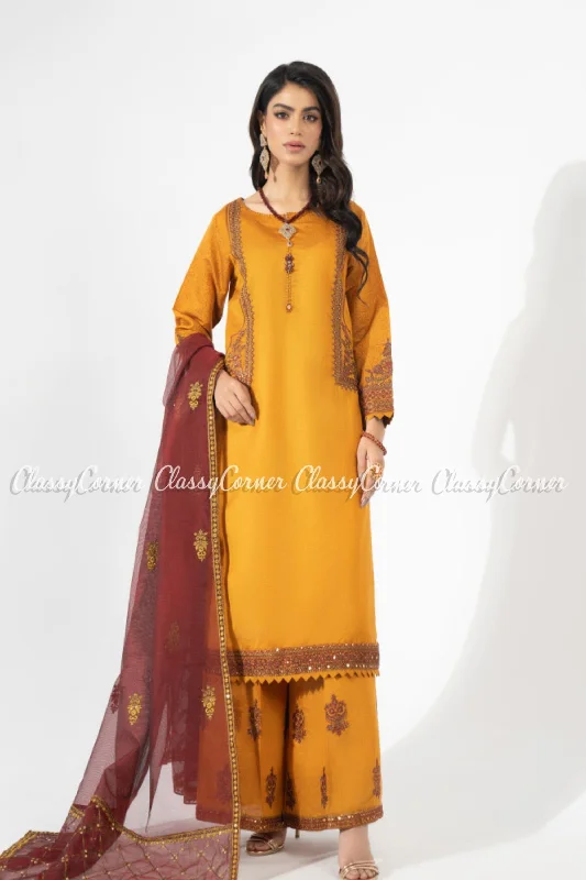 Mustard Katan Embroidered Readymade Salwar Kameez