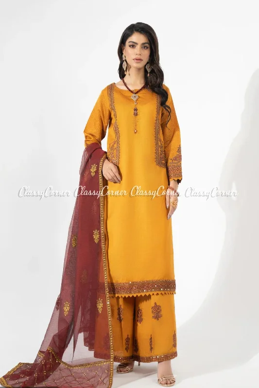 Mustard Maroon Katan Embroidered Readymade Suit