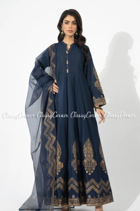 Navy Blue Katan Embroidered Formal Wear Frock Dress