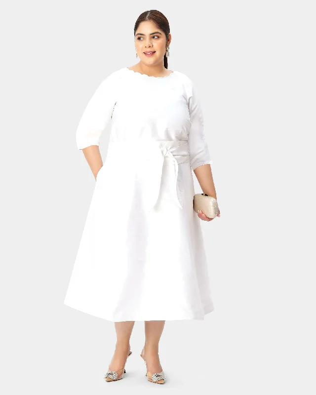 Obi belt dupioni scallop trim boatneck dress | White