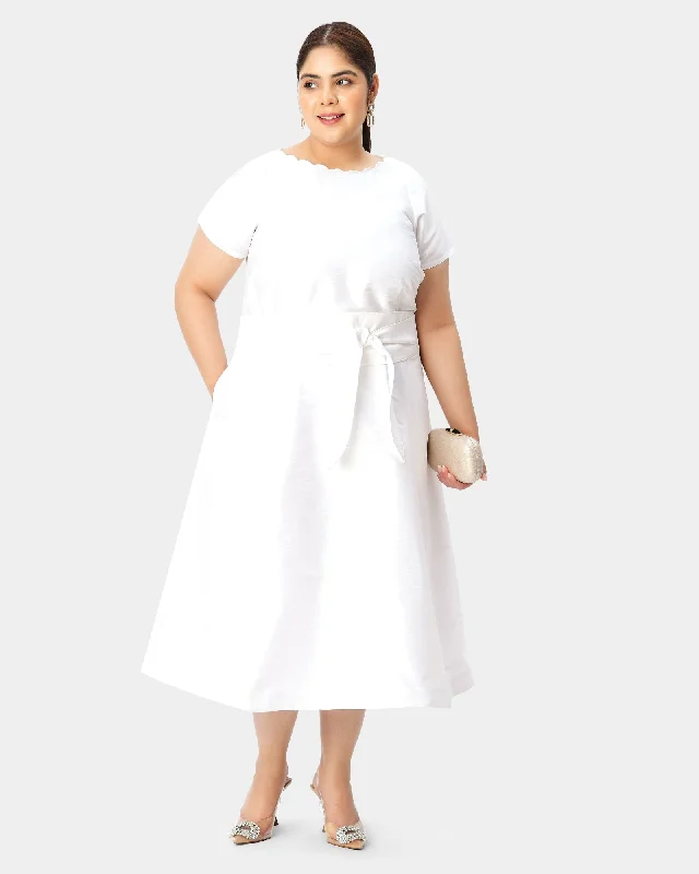 Obi belt dupioni scallop trim dress | White