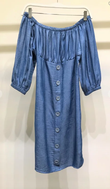 OFF SHOULDER CHAMBRAY BUTTON DOWN DETAIL DRESS