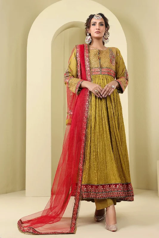 Olive Green Katan Mehndi Wear Frock