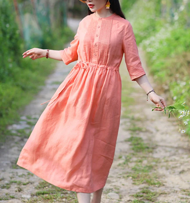 Orange Women Dresses Casual Summer Draw String Linen Women Dresses SJ97215