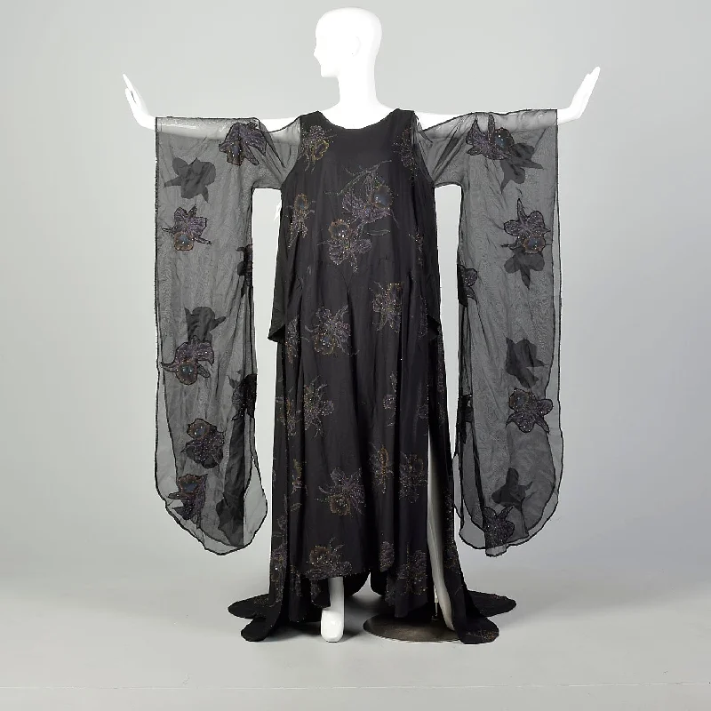 OSFM 1990s Dramatic Flowy Gothic Gown Kaftan Dress Kimono Sleeve Car Wash Beaded Hem