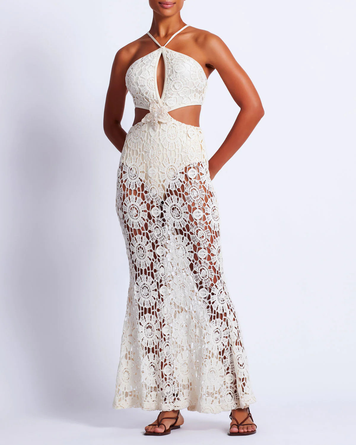 Patbo - Embroidered Crochet Halterneck Dress - Wheat