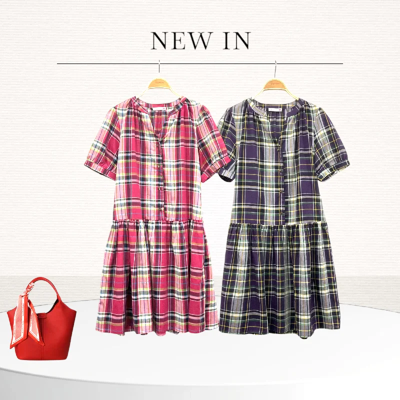 Patch Casual Cotton Checked Dress