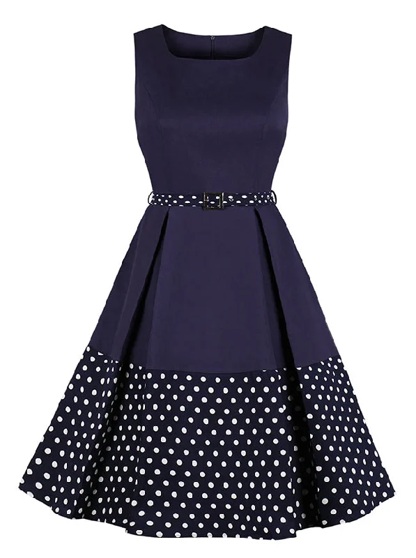 Polka Dots Dress Women's 50s Boat Neck Sleeveless Business Dress with Belt