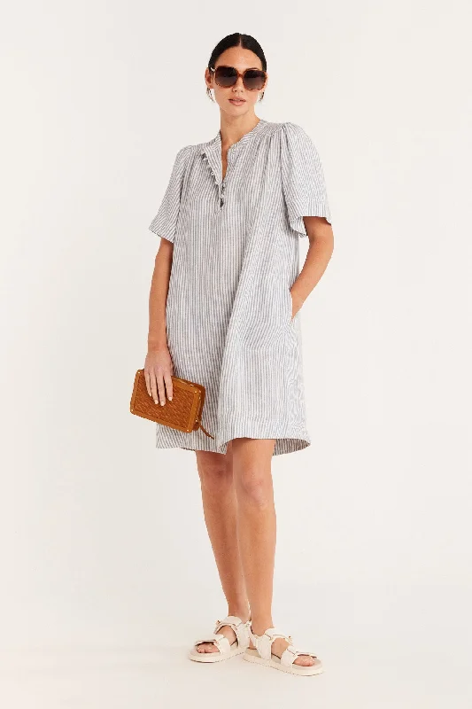 Pure Linen Dress - Blue Stripe