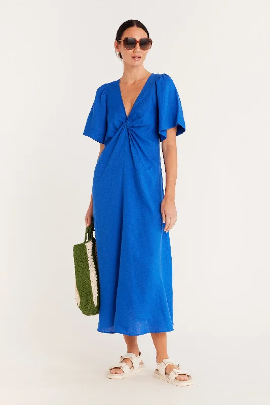 Pure Linen Twist Dress - Cobalt Blue