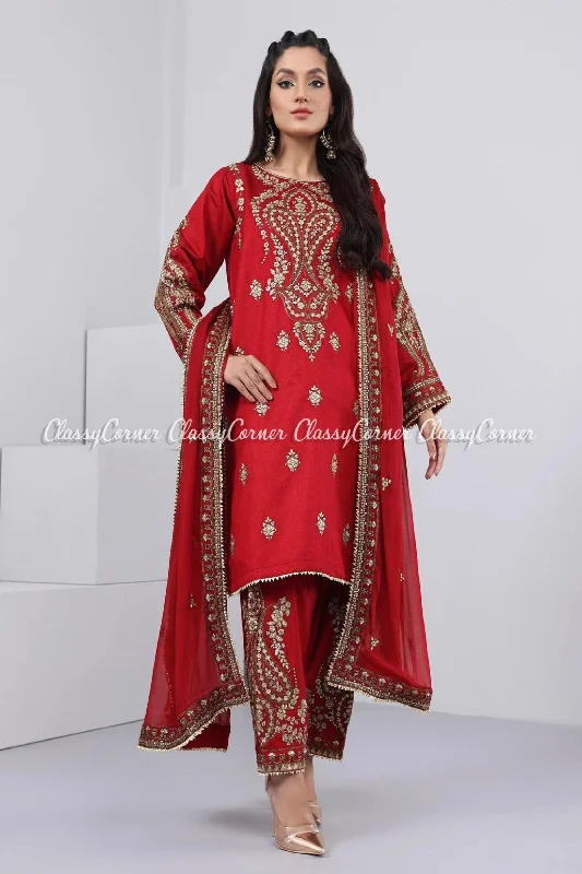 Red Golden Katan Embroidered 3pc Readymade Suit