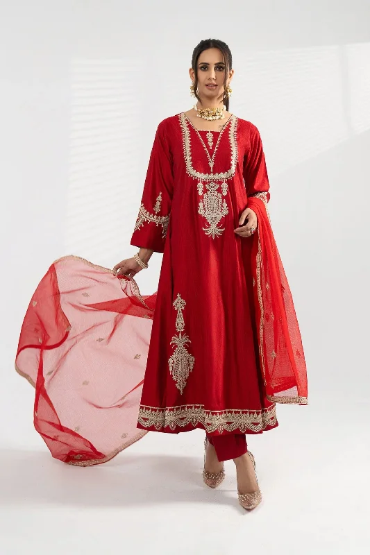 Red Golden Katan Frock Suit