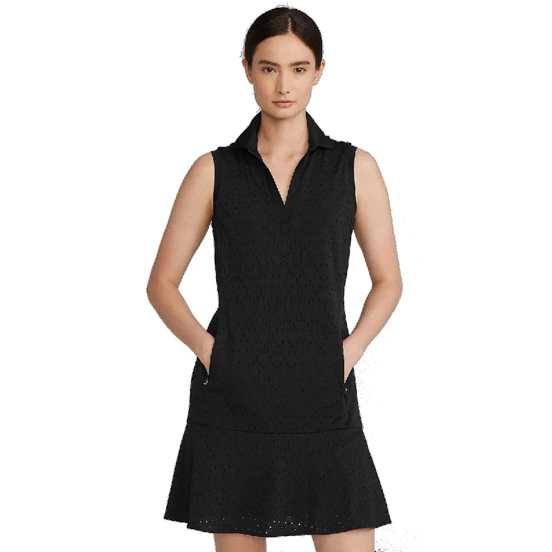 RLX Ralph Lauren V-Neck Eyelet Knit Polo Black Womens Golf Dress