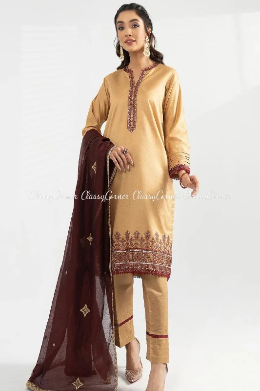 Beige Katan Embroidered Shalwar Kameez