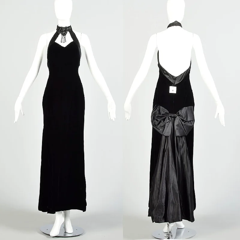 Small 1980s Black Velvet Mermaid Train Backless Formal Evening Gown Prom Dress