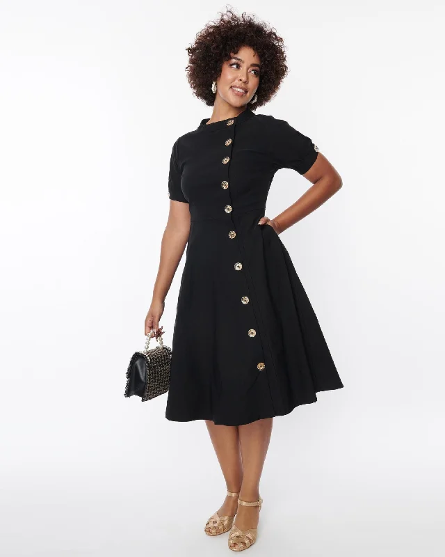 Unique Vintage Black Button Swing Dress | Black