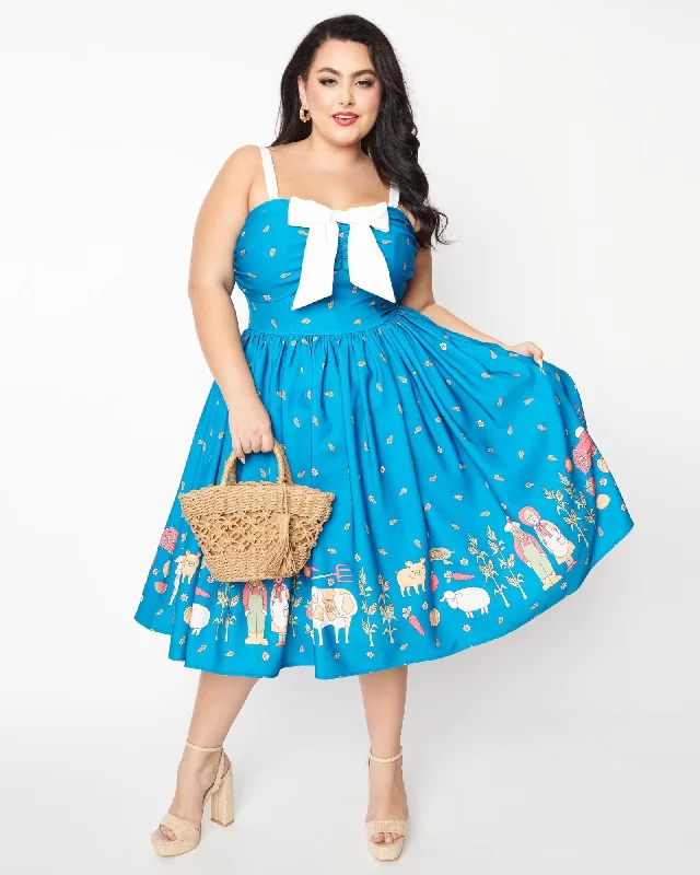 Unique Vintage Blue & White Farm Border Golightly Swing Dress | Blue