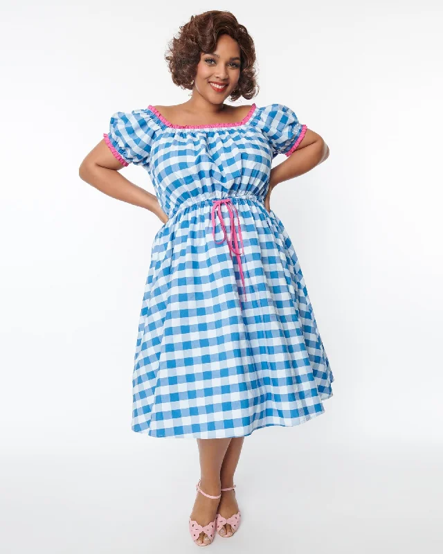 Unique Vintage Curve Blue & White Gingham Picnic Swing Dress | Blue, White, Gingham