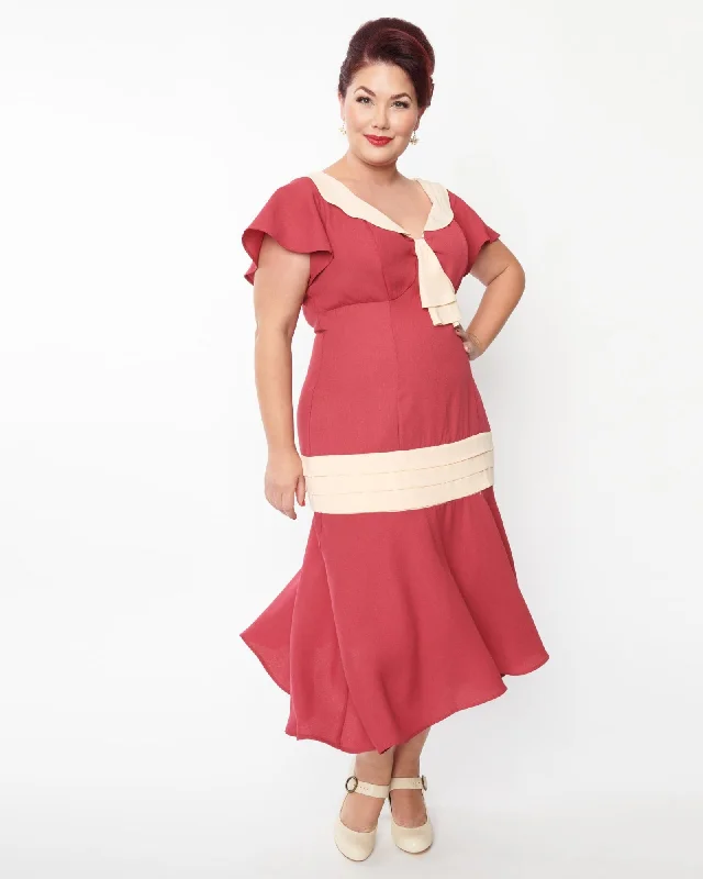 Unique Vintage Dark Rose & Ivory Wilshire Flapper Day Dress | Red, Pink