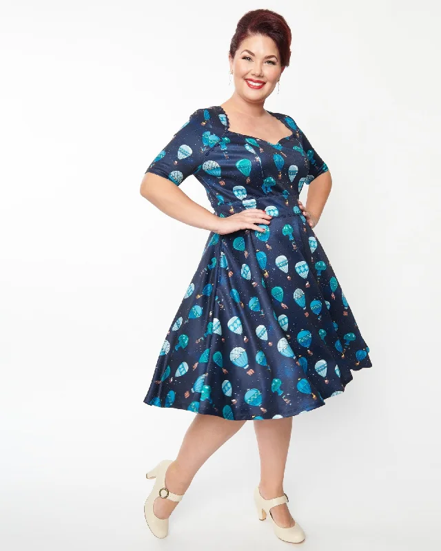 Unique Vintage Navy & Hot Air Balloon Bolero Flare Dress | Blue